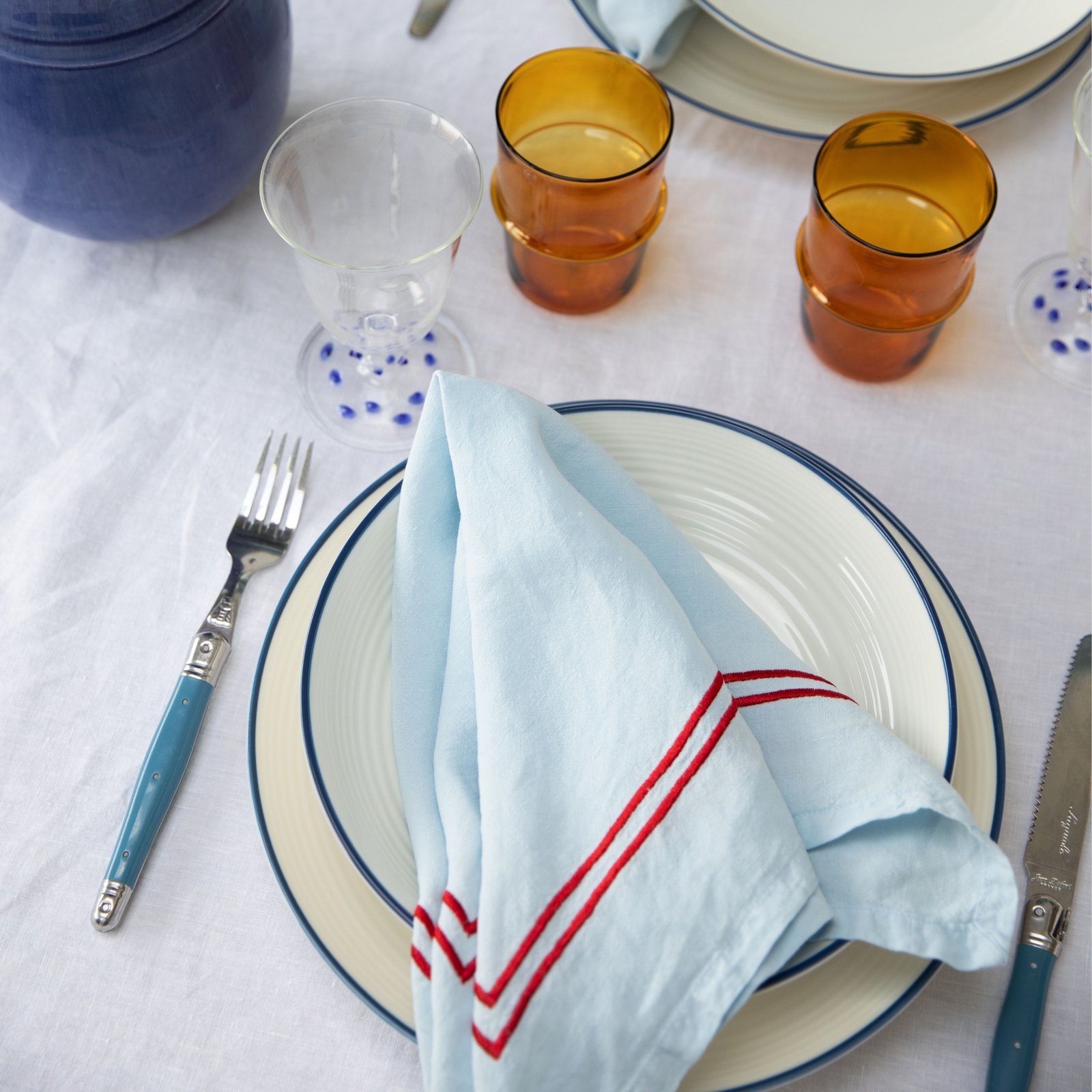 Blue Double Piped Linen Napkins | Set of 4